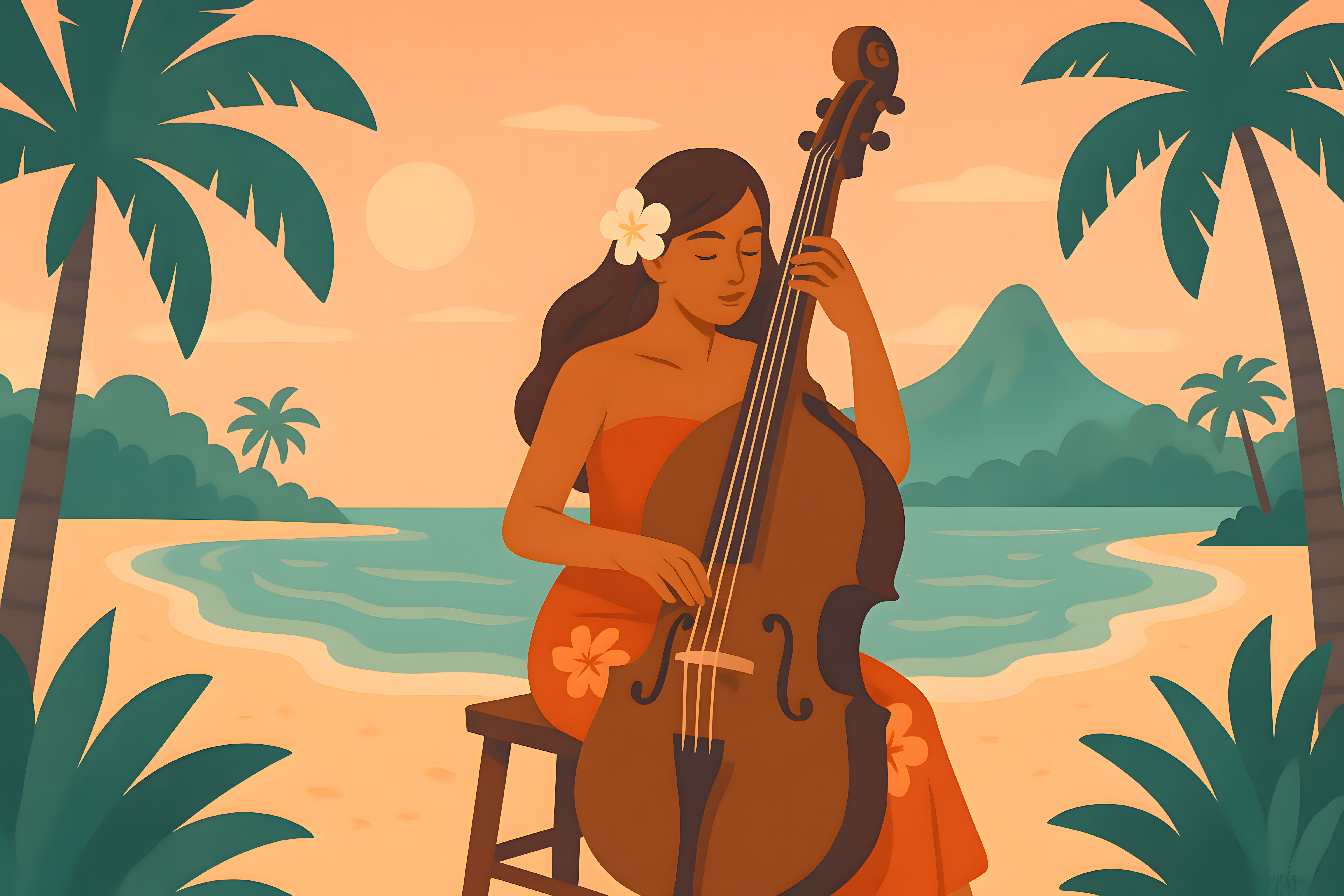 Illustration relaxée d’un guitariste devant l’océan